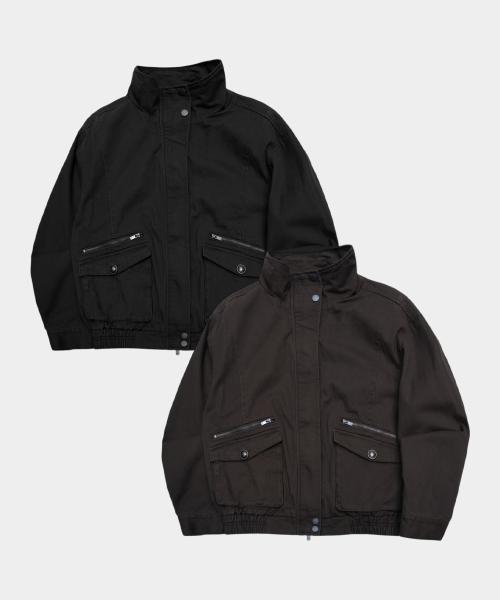 High-neck standard pocket double zipper point button-up cotton oversized blouson jacket _2COLOR