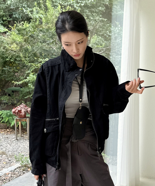 High-neck standard pocket double zipper point button-up cotton oversized blouson jacket _2COLOR