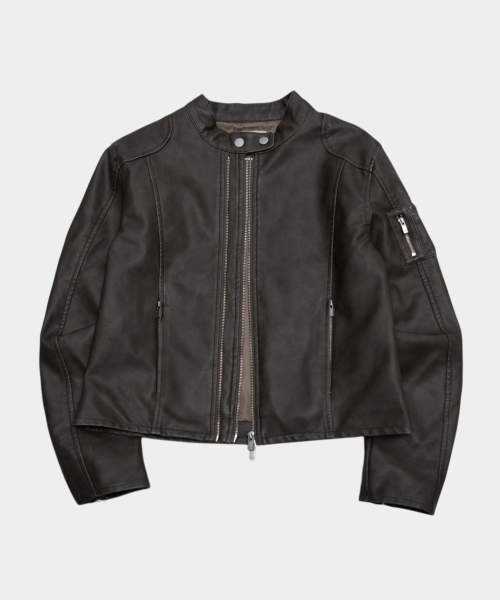 Semi-cropped biker leather zip-up rider jacket with cut line pocket detail - 2 colors