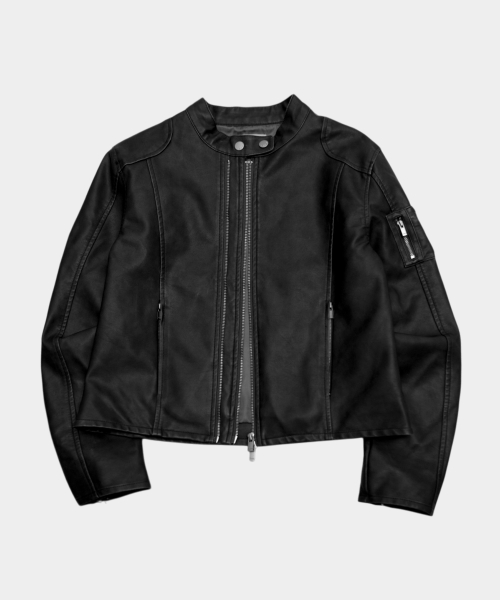 Semi-cropped biker leather zip-up rider jacket with cut line pocket detail - 2 colors