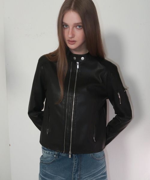 Semi-cropped biker leather zip-up rider jacket with cut line pocket detail - 2 colors