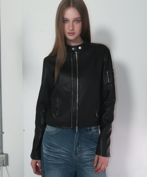 Semi-cropped biker leather zip-up rider jacket with cut line pocket detail - 2 colors