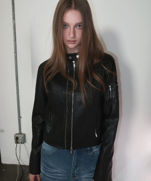 Semi-cropped biker leather zip-up rider jacket with cut line pocket detail - 2 colors