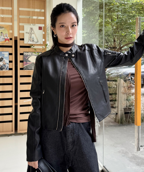 Semi-cropped biker leather zip-up rider jacket with cut line pocket detail - 2 colors