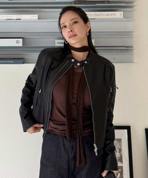 Semi-cropped biker leather zip-up rider jacket with cut line pocket detail - 2 colors