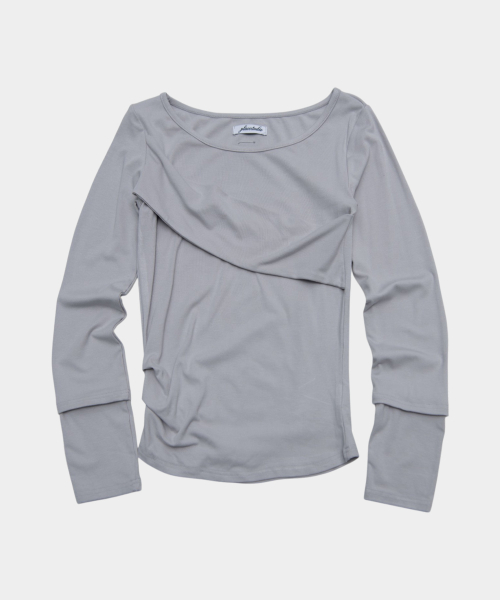 Draped layered detail round neck cotton long sleeve slim fit t-shirt - 3 colors