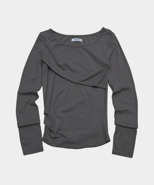 Draped layered detail round neck cotton long sleeve slim fit t-shirt - 3 colors