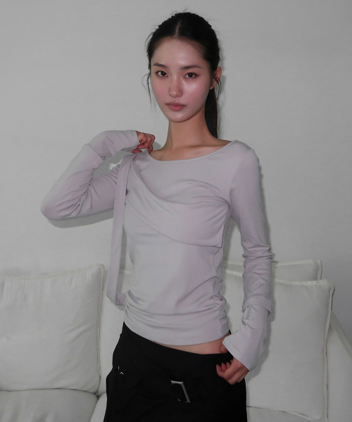 Draped layered detail round neck cotton long sleeve slim fit t-shirt - 3 colors