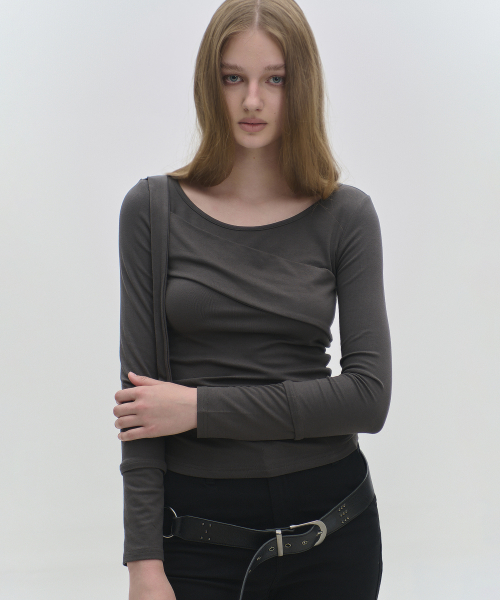 Draped layered detail round neck cotton long sleeve slim fit t-shirt - 3 colors