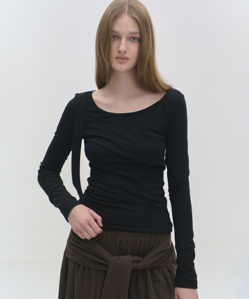 Draped layered detail round neck cotton long sleeve slim fit t-shirt - 3 colors