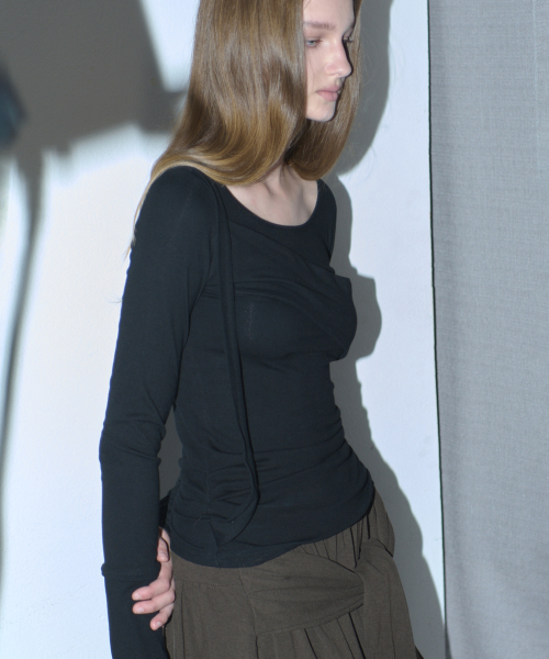 Draped layered detail round neck cotton long sleeve slim fit t-shirt - 3 colors