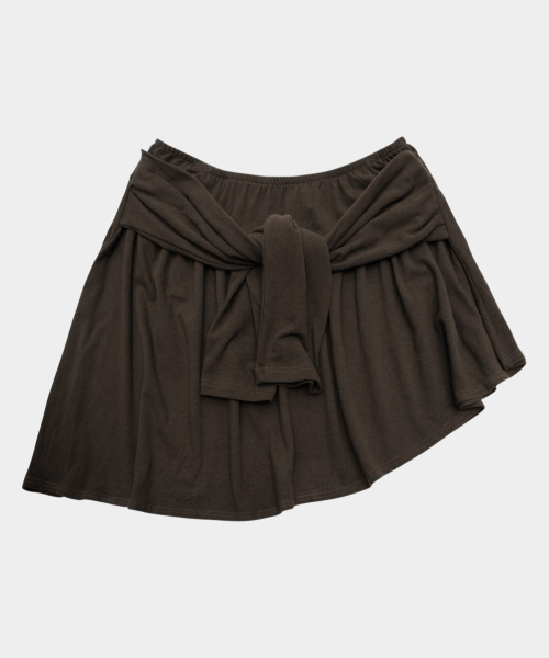 Asymmetrical tie strap flare silhouette waist-banded cotton mini skirt_3COLOR