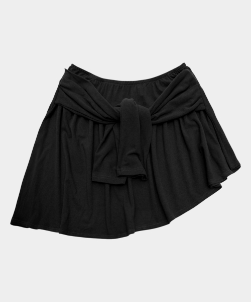 Asymmetrical tie strap flare silhouette waist-banded cotton mini skirt_3COLOR