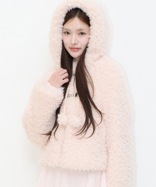 POMPOM HOODIE FUR JACKET PINK