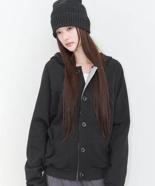 BUTTON COLOR BLOCK HOODIE JACKET BLACK