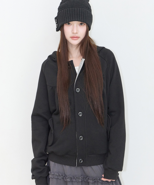BUTTON COLOR BLOCK HOODIE JACKET BLACK