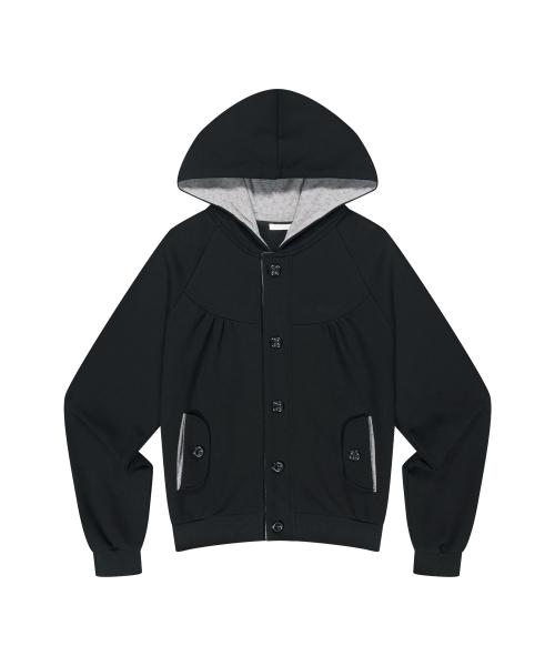 BUTTON COLOR BLOCK HOODIE JACKET BLACK