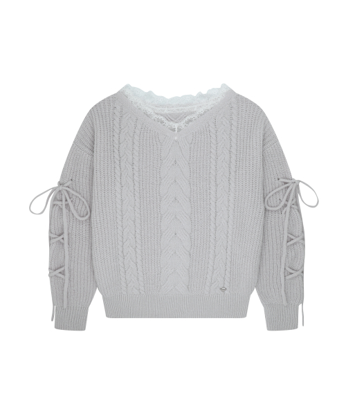 LACE UP V-NECK KNIT GRAY