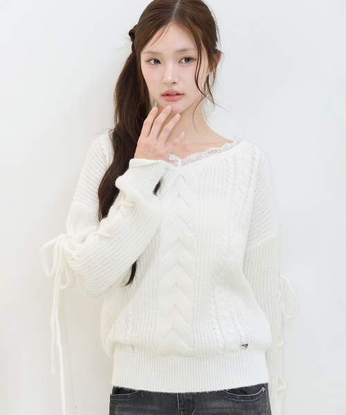 LACE UP V-NECK KNIT IVORY