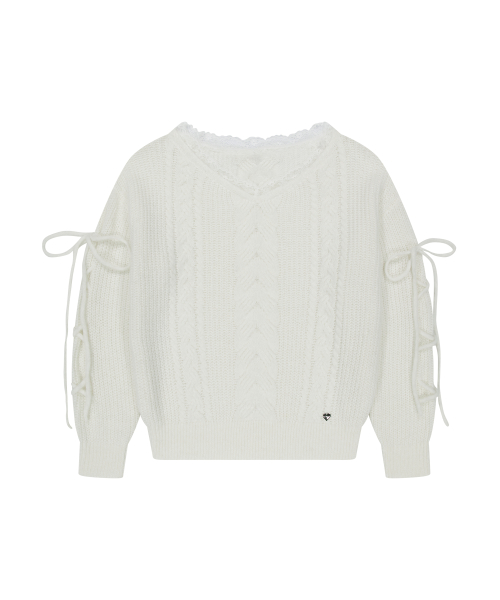 LACE UP V-NECK KNIT IVORY