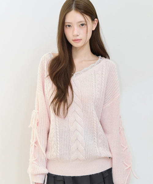 LACE UP V-NECK KNIT PINK