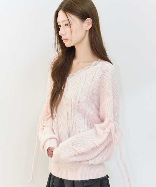 LACE UP V-NECK KNIT PINK
