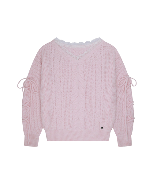 LACE UP V-NECK KNIT PINK