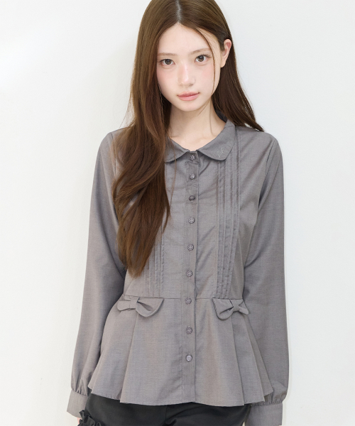 PLEATS DOUBLE BOW BLOUSE GRAY