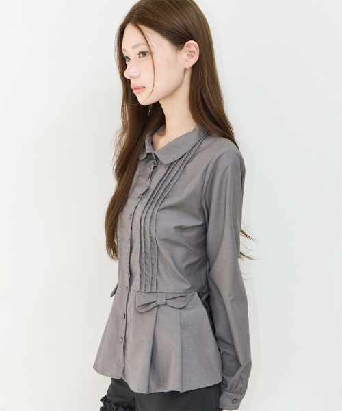 PLEATS DOUBLE BOW BLOUSE GRAY