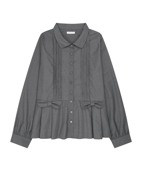 PLEATS DOUBLE BOW BLOUSE GRAY