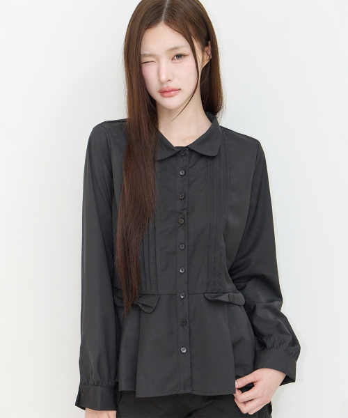 PLEATS DOUBLE BOW BLOUSE BLACK