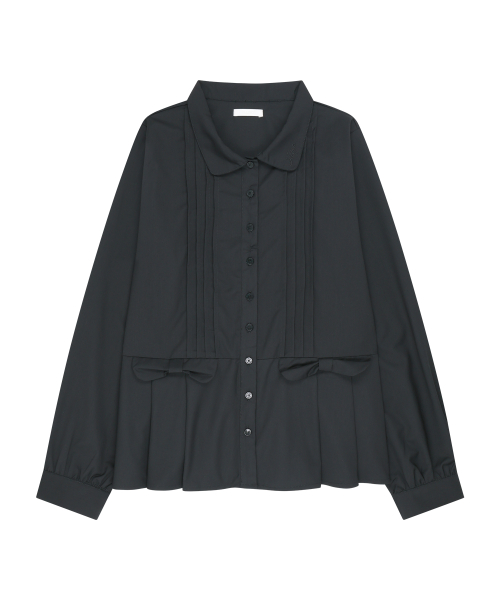 PLEATS DOUBLE BOW BLOUSE BLACK