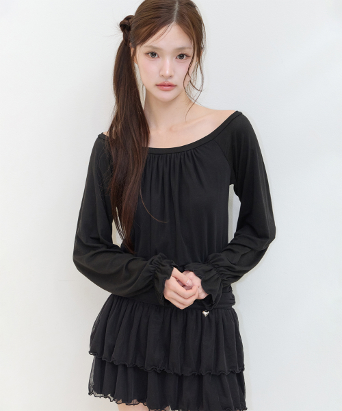 BOAT NECK SHIRRING MINI ONE-PIECE BLACK