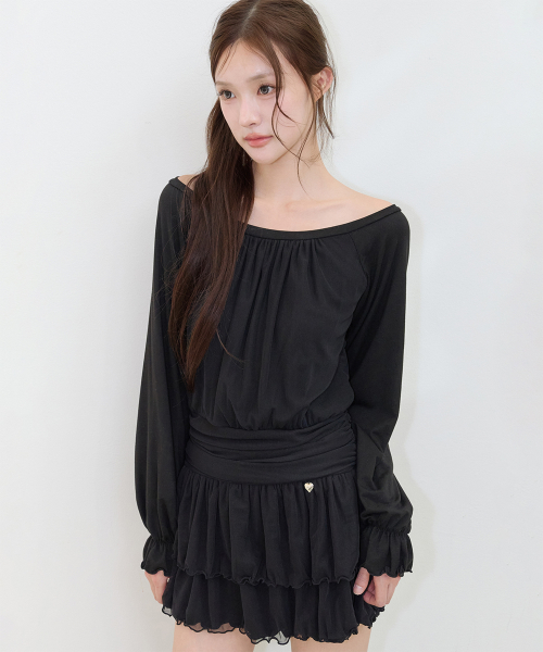 BOAT NECK SHIRRING MINI ONE-PIECE BLACK
