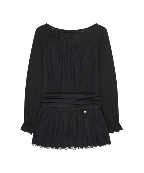 BOAT NECK SHIRRING MINI ONE-PIECE BLACK