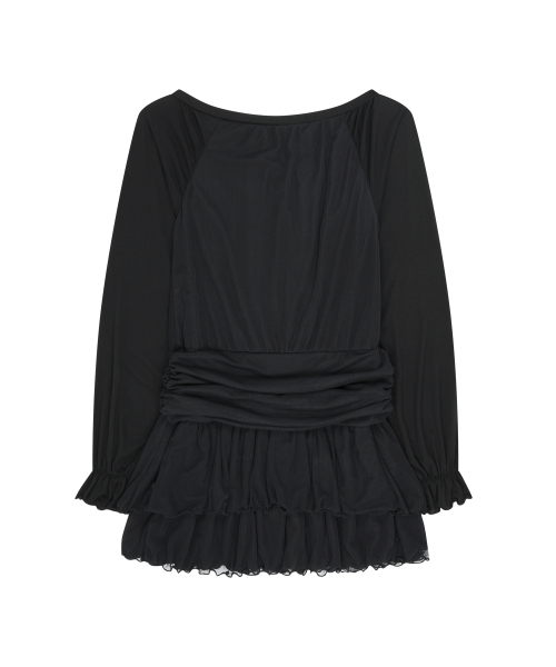 BOAT NECK SHIRRING MINI ONE-PIECE BLACK