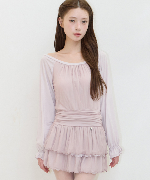 BOAT NECK SHIRRING MINI ONE-PIECE PINK