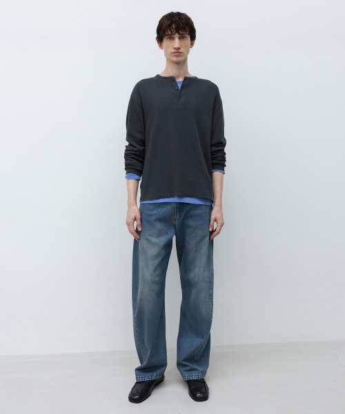 Textured Cotton Henley Neck Long Sleeve DARK GREY