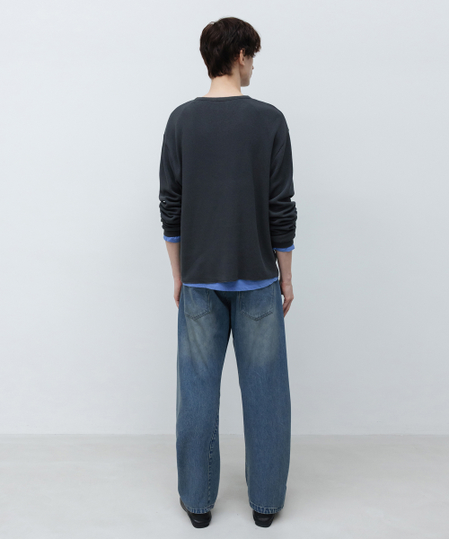 Textured Cotton Henley Neck Long Sleeve DARK GREY