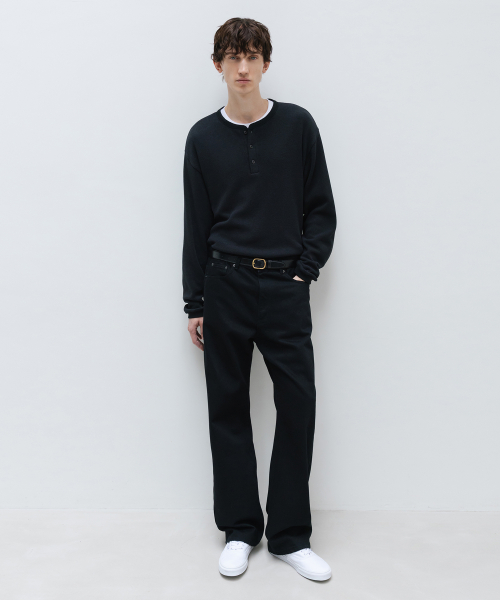 Textured Cotton Henley Neck Long Sleeve BLACK