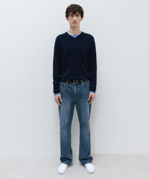 Cotton Cashmere Ribbed V-Neck Knit NAVY