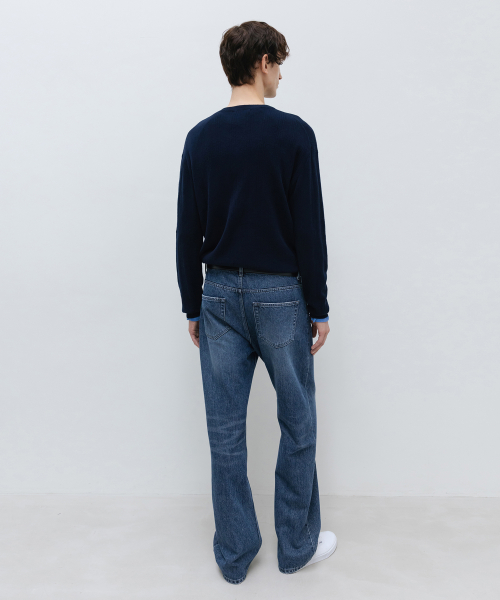 Cotton Cashmere Ribbed V-Neck Knit NAVY