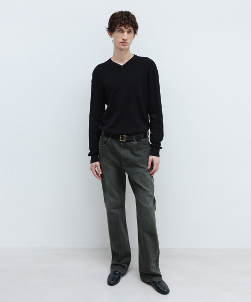 Cotton Cashmere Ribbed V-Neck Knit BLACK