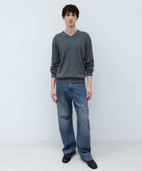 Cotton Cashmere Ribbed V-Neck Knit GREY