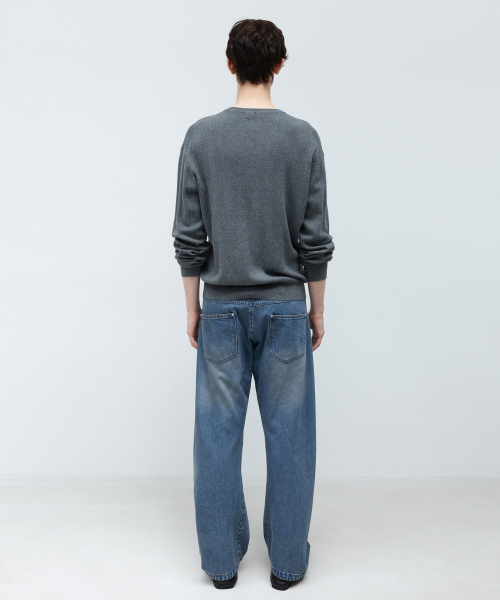 Cotton Cashmere Ribbed V-Neck Knit GREY