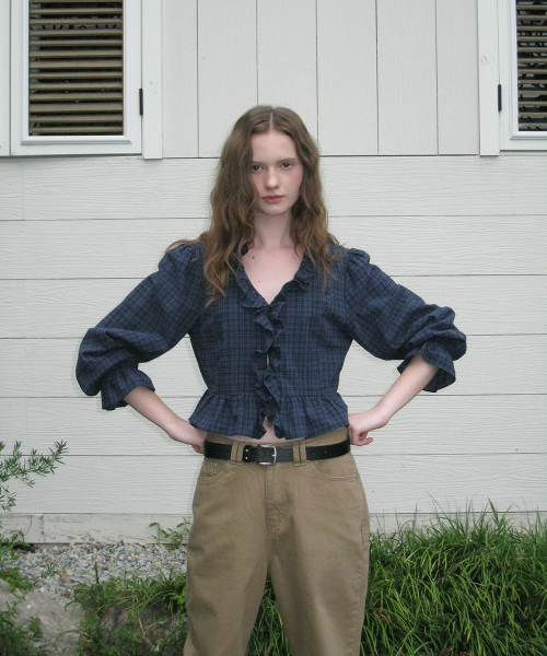 Bien check ruffle blouse - Navy