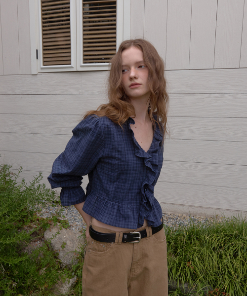 Bien check ruffle blouse - Navy