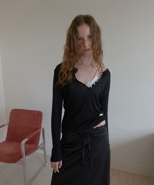 Fina button tencel layered tee - Black