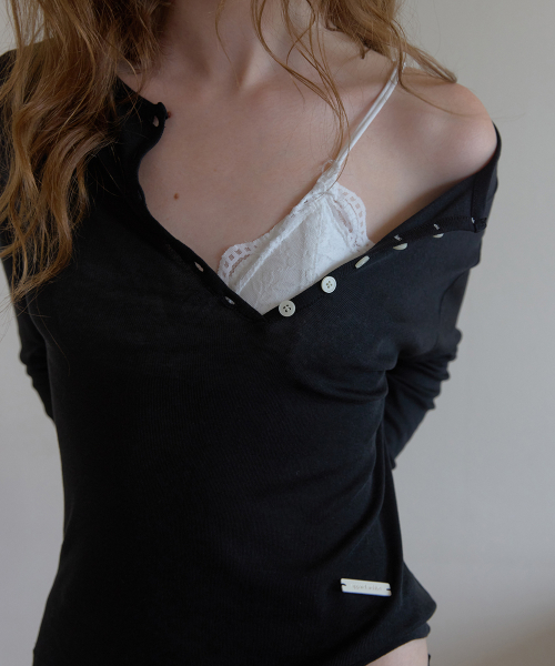 Fina button tencel layered tee - Black