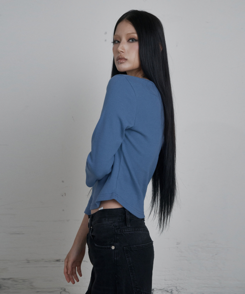 C 90S LINE SLIT NECK T-SHIRT_SMOKE BLUE